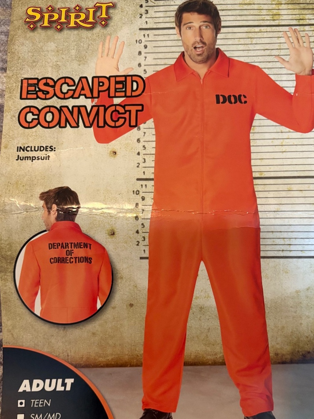 Spirit Halloween Escaped Convict Costume Orange Prisoner Jumpsuit Size Teen
